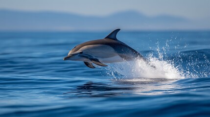 Fototapeta premium A dolphin leaps out of the water with a splash against a backdrop of the blue ocean