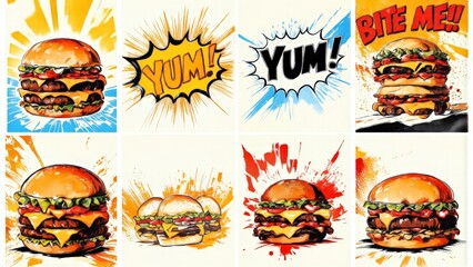 Vibrant Pop Art Style Burgers with Text Expressions and Bright Colors