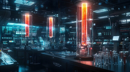 Futuristic laboratory interior with glowing test tubes.