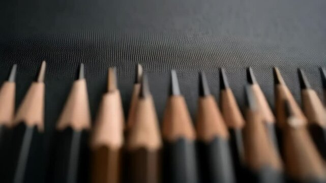 Close-up view of arrayed unsharpened graphite pencils on a black textured surface, education or stationery theme.
