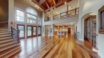 Spacious and elegant living room with hardwood floors and large windows, creating warm