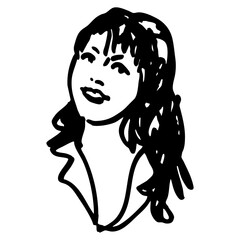 Head of a pretty young woman. Beautiful smiling brunette girl. Female portrait. Hand drawn linear doodle rough sketch. Black and white silhouette.
