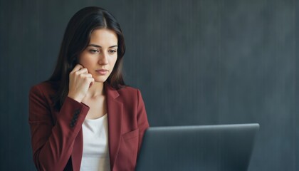 Thoughtful young woman working on laptop in modern office setting