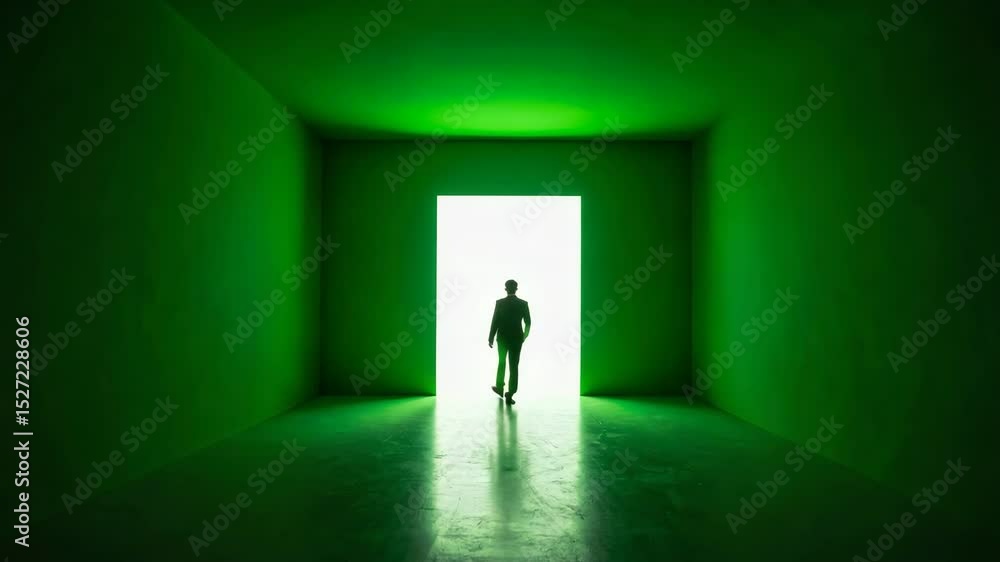 Aufkleber man walking through green light tunnel in a dark room creating a mysterious atmosphere