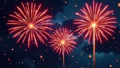 Dynamic firework bursts forming kaleidoscopic holiday shapes, rich color palette, dynamic, graphic, visual