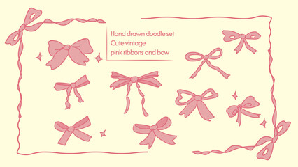 Set doodle scallop hand drawn pink ribbons and bow.. Minimalist simple cute line art. Trendy retro vintage whimsical borders for wedding invitations, birthday card, prints. Vector illustration.	