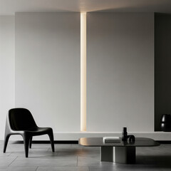 Minimalist modern interior with a sleek black chair, low black coffee table, and subtle decorative elements in a bright, contemporary room