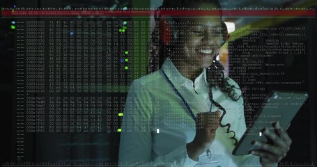 Network engineer tapping tablet and initiating hex code overlay for real-time network analysis - Powered by Adobe