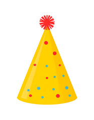 A vibrant illustration of a party hat with festive dots and a decorative pom-pom isolated on transparent background.