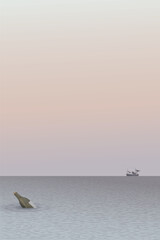 Minimalist seascape at sunset have a letter in a bottle of liquor floating in the middle of the sea and silhouette fishing boat have vanilla sky vertical background graphic illustration.