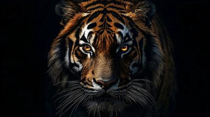 Fototapeta premium Close-up portrait of a tiger against a black background.