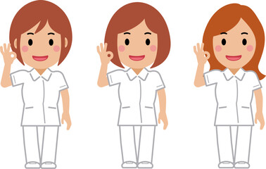 笑顔でOKサイン。白い制服の女性看護師
