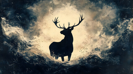 Majestic stag silhouette amidst turbulent waves.