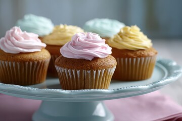Cupcakes with pastel frosting arranged on cake stand