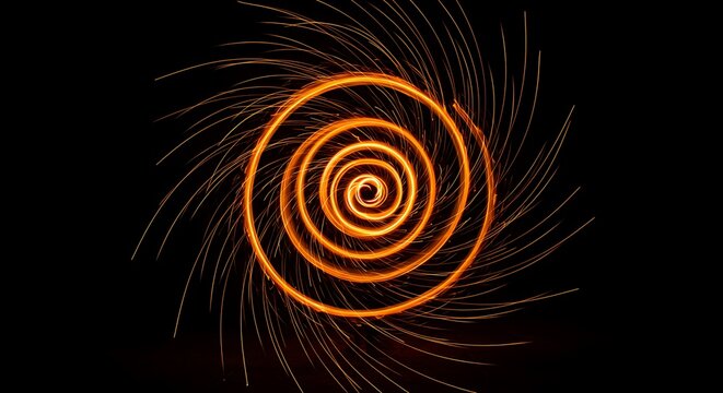 An abstract composition of fire trails forming a spiral vortex, bright embers radiating from the center, set against a deep dark backdrop, energetic and modern, art line background effect
