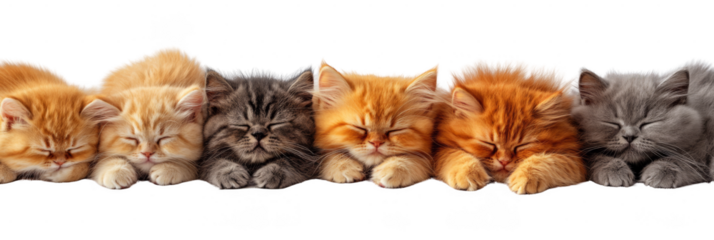 Seven sleeping kittens with various fur colors and patterns lined up in a row, peacefully resting with eyes closed. Png, Transparent background.