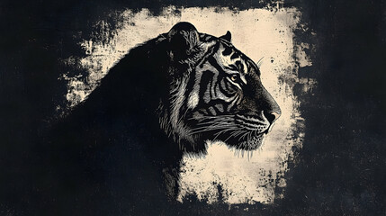 Detailed profile view of a tiger in black and white.