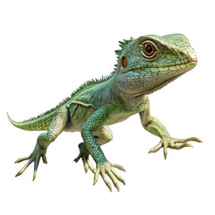 Obraz premium A detailed close-up of a green lizard with textured scales, sharp claws, and attentive eyes, poised as if ready to move. Png, Transparent background.