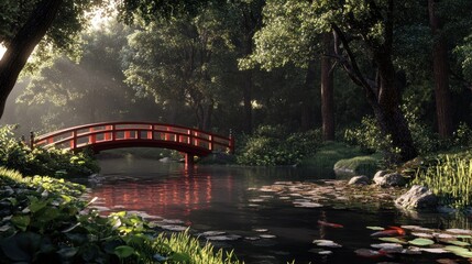 Red Bridge over tranquil stream in misty forest