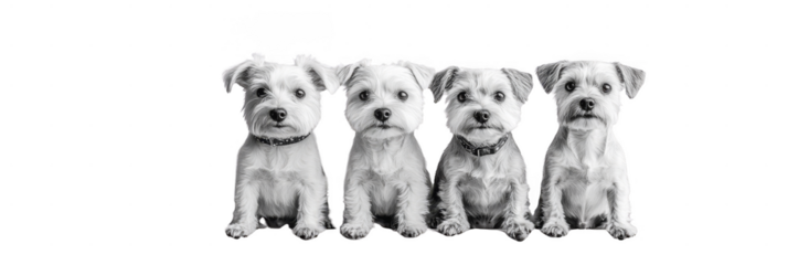 Four adorable dogs sit in a row, each with distinctive expressions and fur textures. Png, Transparent background.