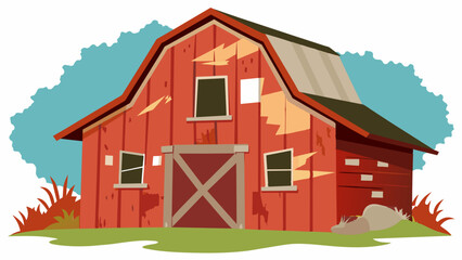A collapsed barn its weathered wood and peeling paint no longer able to withstand the test of time is a visual representation of the decline of rural agricultural traditions.. Vector illustration