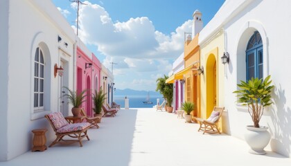 Colorful Mediterranean Street with Sea View