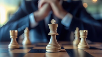 A person contemplating a complex strategy with chess pieces