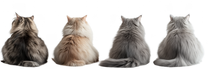 A lineup of four cats viewed from the back, showcasing their distinct fur patterns and colors, emphasizing their unique characteristics. Png, Transparent background.