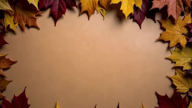 Autumnal frame of colorful maple leaves on a beige background, seasonal foliage, copy space for text or graphic elements, blank template