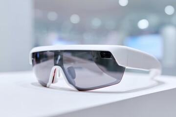 Futuristic smart glasses on display with white backdrop