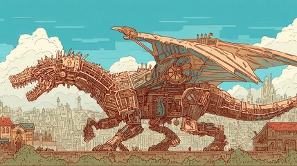 A steampunk dragon, constructed from various mechanical components, soaring over a cityscape.