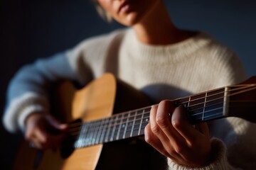 Fototapeta premium Musician playing acoustic guitar indoors with soft light