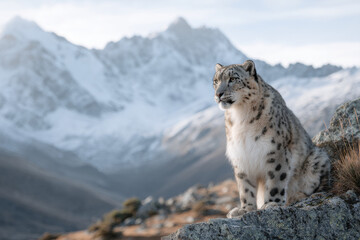 Obraz premium majestic snow leopard perched on rocky ledge overlooking breathtaking mountain landscape