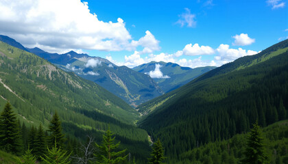 Fototapeta premium Mountain valley vista with lush green forests under a blue sky dotted with fluffy white clouds.