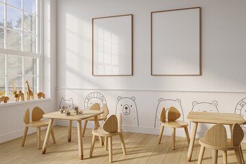 Double Frame Mockup in Children’s Room with Animal Wall Art and Scandinavian Wooden Furniture – Side View