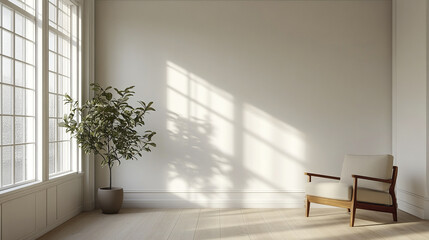 Fototapeta premium serene living space featuring minimalist chair and potted plant, with soft shadows