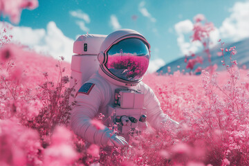 Astronaut in a dreamy field of pink flowers under soft light, blending space with nature’s beauty.