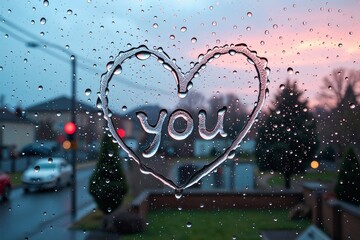 Rainy Day Romance Heart Shaped Raindrops with You on Window Pane