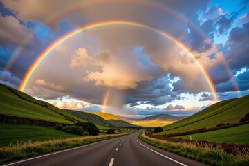 Majestic Double Rainbow Arcing Over Scenic Country Road and Rolling Green Hills