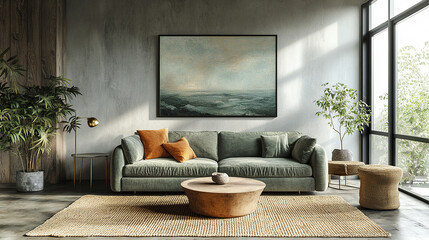 contemporary living room featuring sage green sofa, natural decor, and large windows