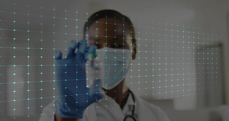 Doctor appearing behind digital grid as ECG waveform pulsing, aligning COVID-19 vial for display - Powered by Adobe