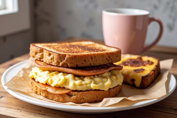 Delicious Mac and Cheese Ham and Grilled Bread Sandwich on a Plate