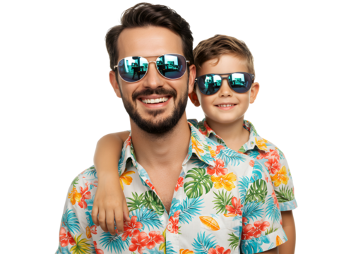 Father Son Summer Fun Wearing Hawaiian Shirts Sunglasses