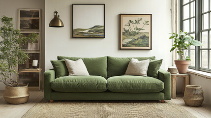 cozy living room featuring sage green sofa, natural light, and artistic decor