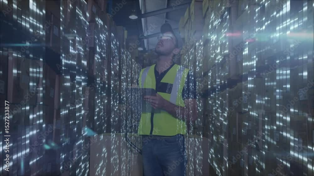 Aufkleber warehouse technician tapping tablet in aisle and displaying inventory overlays for stock tracking