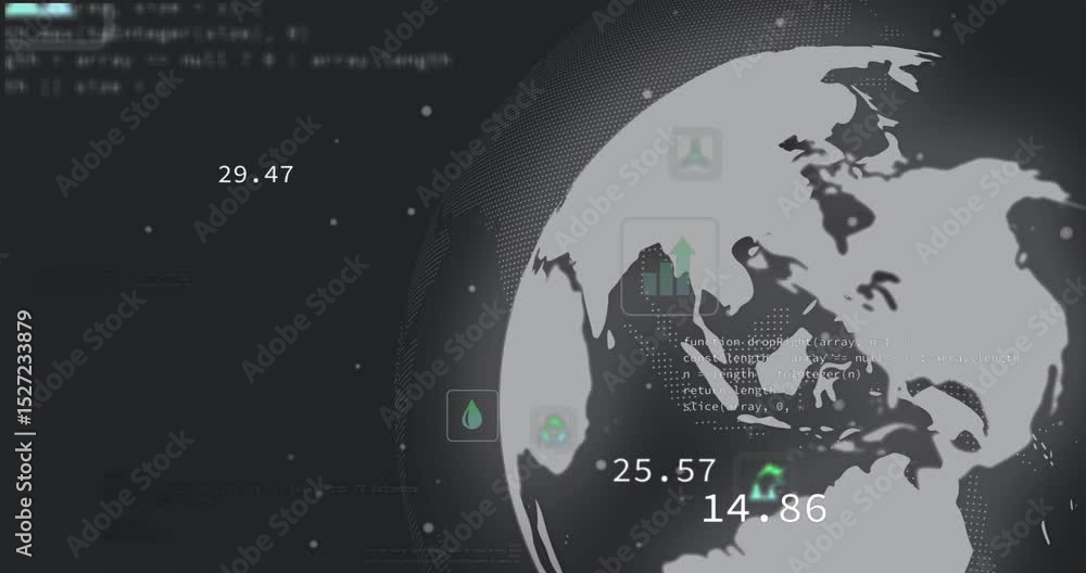 Poster data field initiating rotating earth, green icons appearing, js code scrolling, showing eco metrics