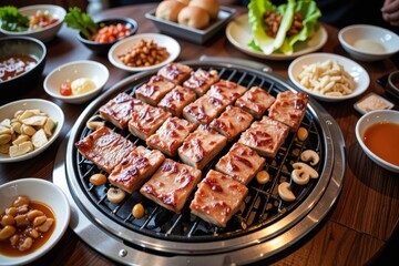 Delicious Korean BBQ Bulgogi Slices Grilling on a Hot Plate with Various Side Dishes