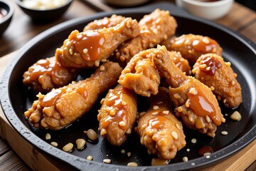Delicious Glazed Chicken Wings with Toasted Sesame Seeds Close up Food Photography