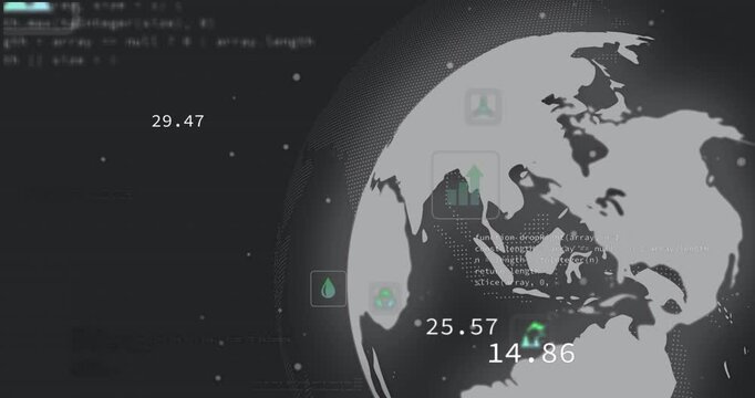 Data field initiating rotating Earth, green icons appearing, JS code scrolling, showing eco metrics