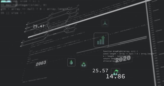 Opening UI starting timeline shifting, green icons aligning on slope with scrolling code for values